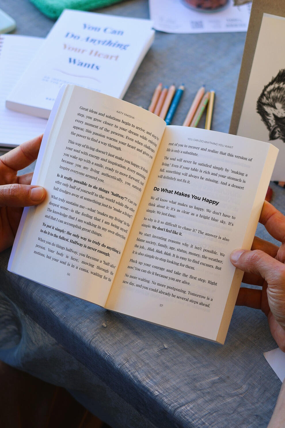 Untitled An open view showing the inner text pages of Katy Yaksha's inspirational book, 'You Can Do Anything Your Heart Wants'.