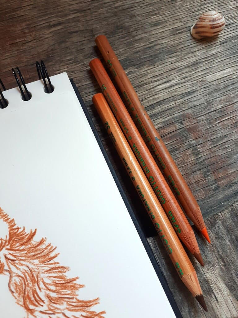 Untitled Three drawing pencils resting on a natural wooden table next to the closed art book album, showcasing the artist's traditional tools.